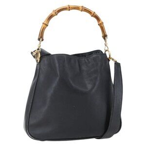 Authentic GUCCI Bamboo Shoulder Bag Leather 2way Black Gold 001 3754 1639